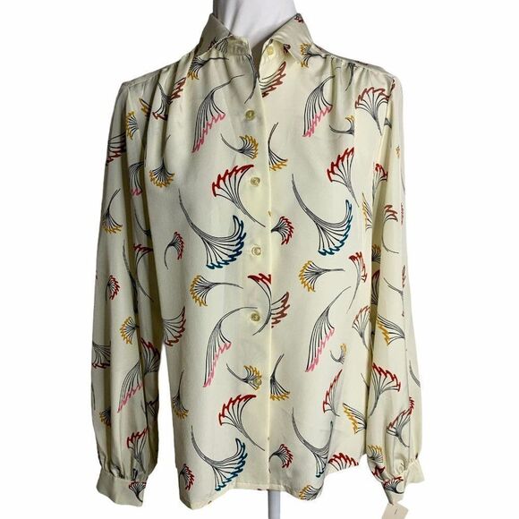 Vintage Floral Secretary Blouse M Cream Button Down Long Sleeve Triangle Scarf - Picture 3 of 9